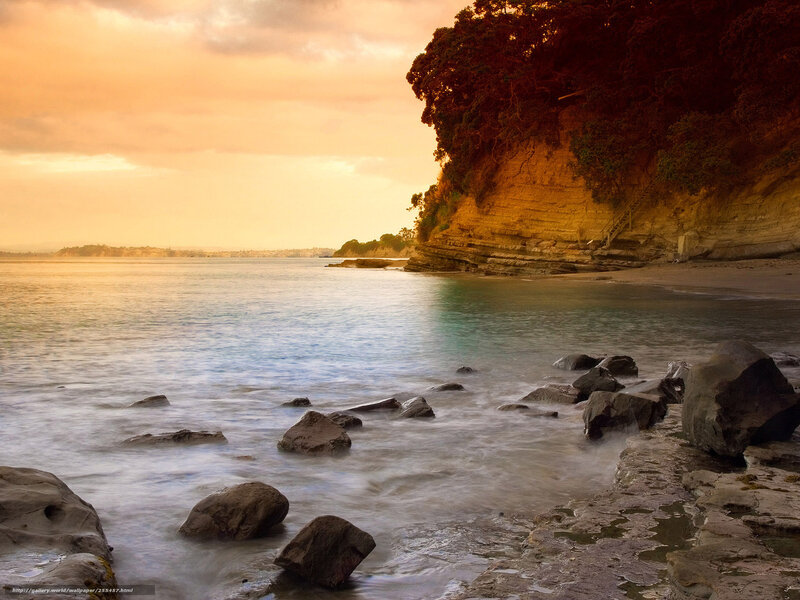 Rocky Beach at Sunset — Orange, Serene, Photograph, Cliff, Sea