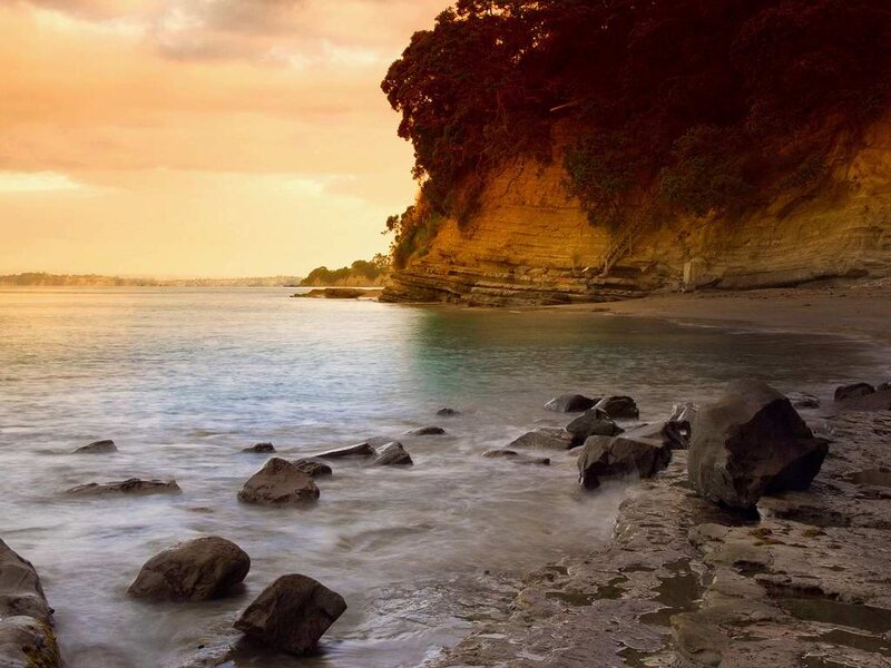 Rocky Beach at Sunset — Orange, Serene, Photograph, Cliff