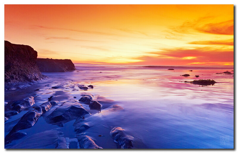Rocky Beach at Sunset — Orange, Serene, Photograph, Cliffs