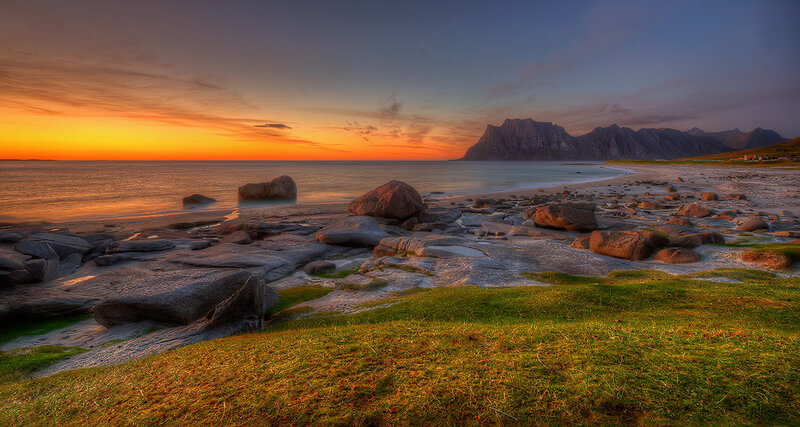Rocky Beach at Sunset — Orange, Serene, Photograph, Mountain