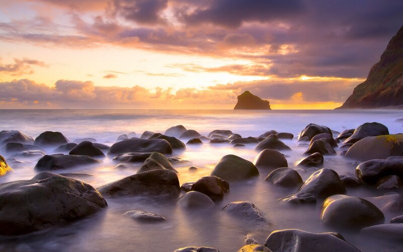 Rocky Beach at Sunset — Orange, Serene, Photograph, Ocean, Sky, Cliff