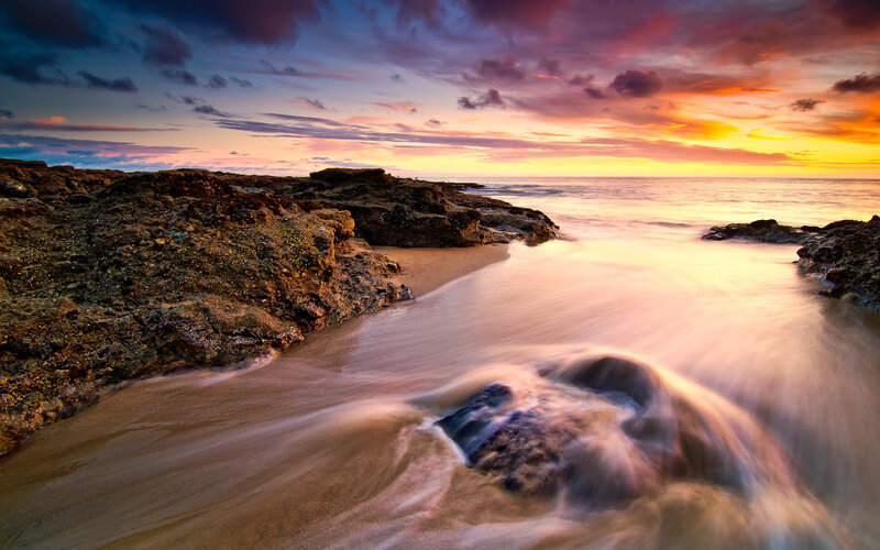Rocky Beach at Sunset — Orange, Serene, Photograph, Ocean