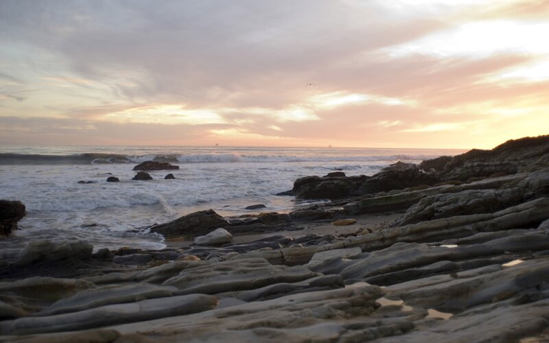 Rocky Beach at Sunset — Orange, Serene, Photograph, Ocean, Waves, Bird