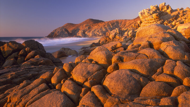 Rocky Beach at Sunset — Orange, Serene, Photograph, Ocean, Waves