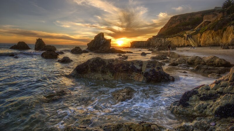 Rocky Beach at Sunset — Orange, Serene, Photograph, Rocks, Ocean, Cliff