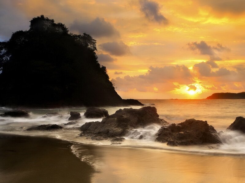 Rocky Beach at Sunset — Orange, Serene, Photograph, Rocks, Ocean, Sky, Clouds