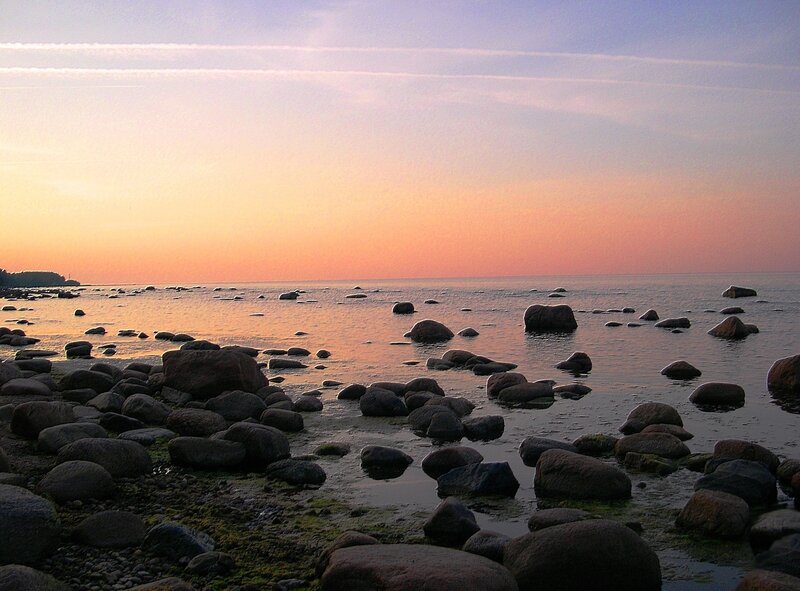 Rocky Beach at Sunset — Orange, Serene, Photograph, Rocks, Sea, Sky
