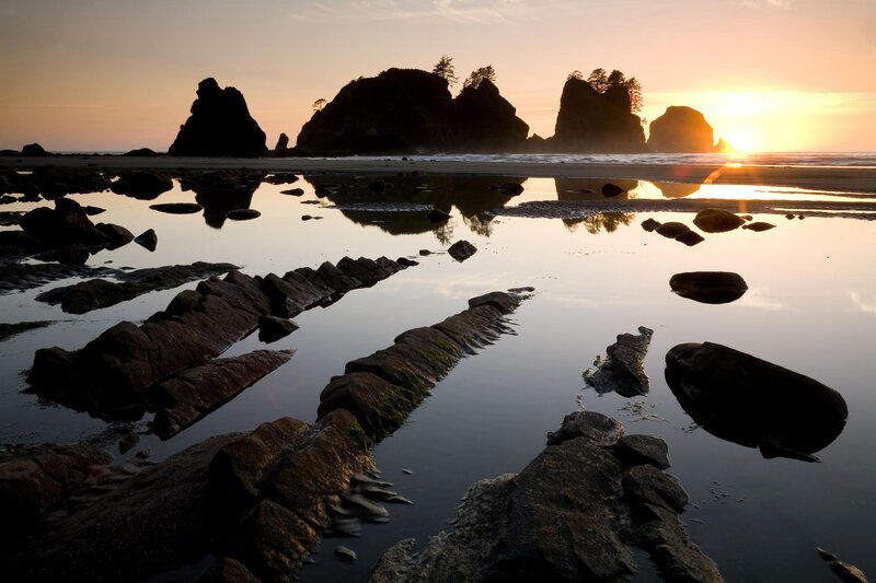 Rocky Beach at Sunset — Orange, Serene, Photograph, Rocks, Sea, Sun