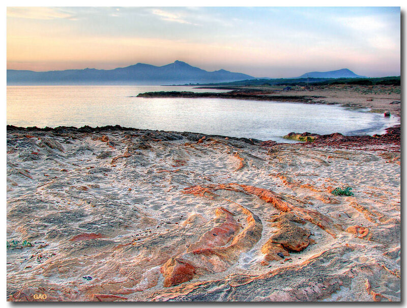 Rocky Beach at Sunset — Orange, Serene, Photograph, Sea, Mountains