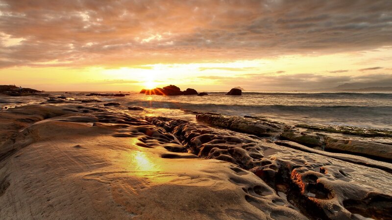 Rocky Beach at Sunset — Orange, Serene, Photograph, Sun, Ocean, Rocks, Clouds