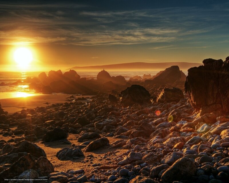 Rocky Beach at Sunset — Orange, Serene, Photograph, Sun