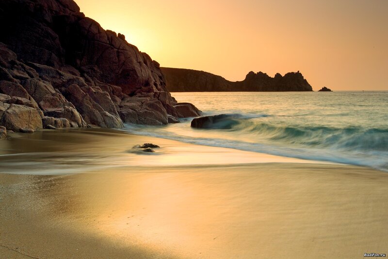 Rocky Beach at Sunset — Orange, Serene, Photograph