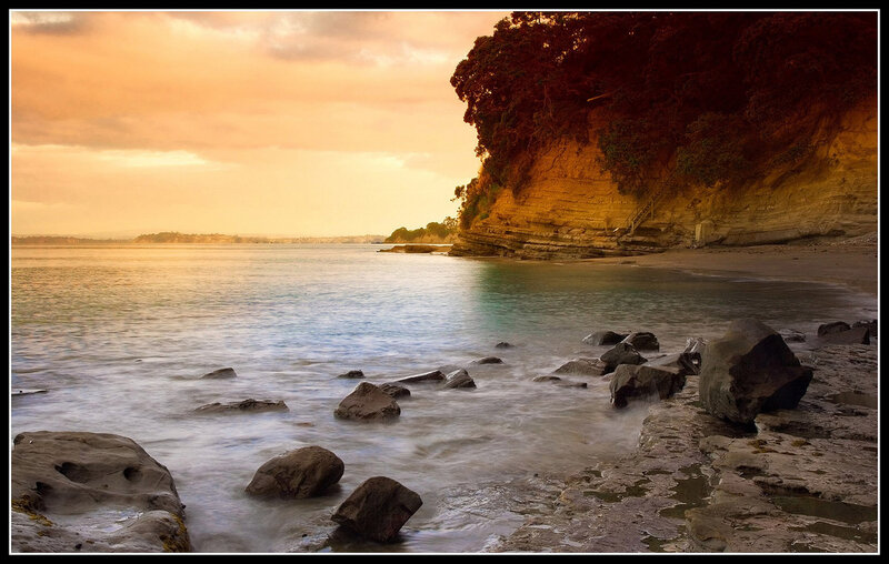 Rocky Beach at Sunset — Orange, Serene