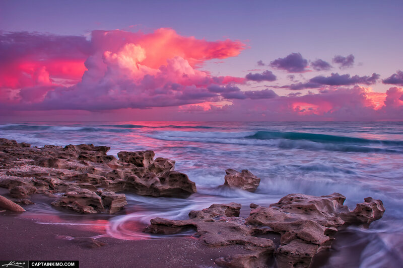 Rocky Beach at Sunset — Pink, Dramatic, Photograph