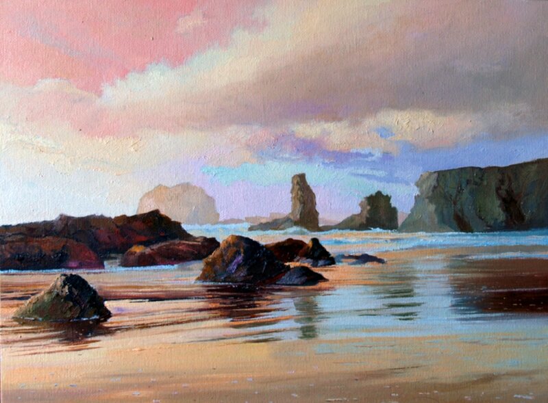 Rocky Beach at Sunset — Pink, Serene, Painting