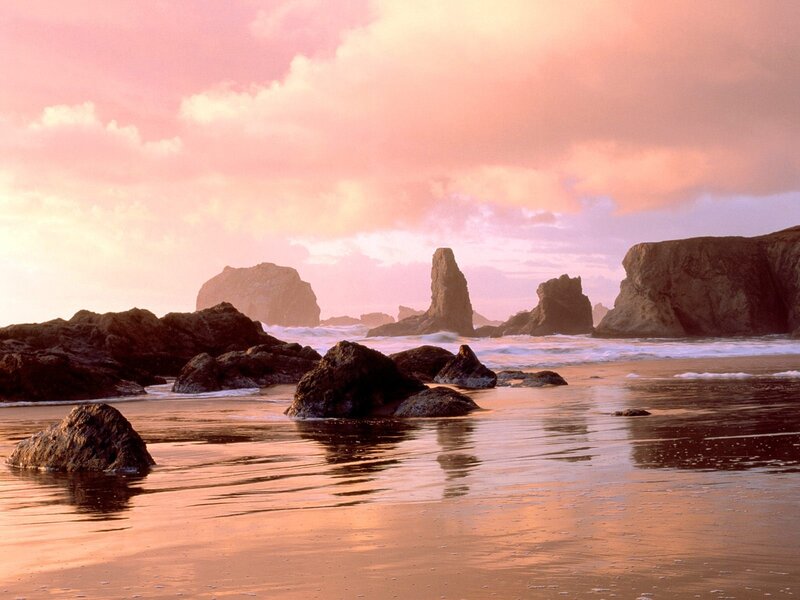 Rocky Beach at Sunset — Pink, Serene, Photograph