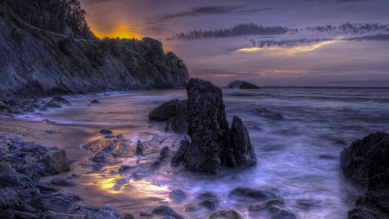 Rocky Beach at Sunset — Purple, Dramatic, Photograph, Ocean, Cliff