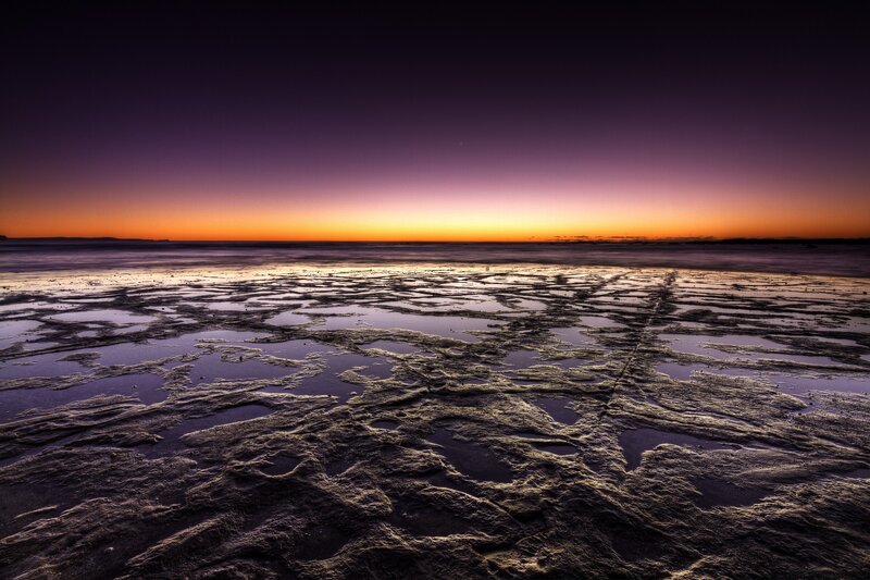 Rocky Beach at Sunset — Purple, Dramatic, Photograph, Ocean, Sky