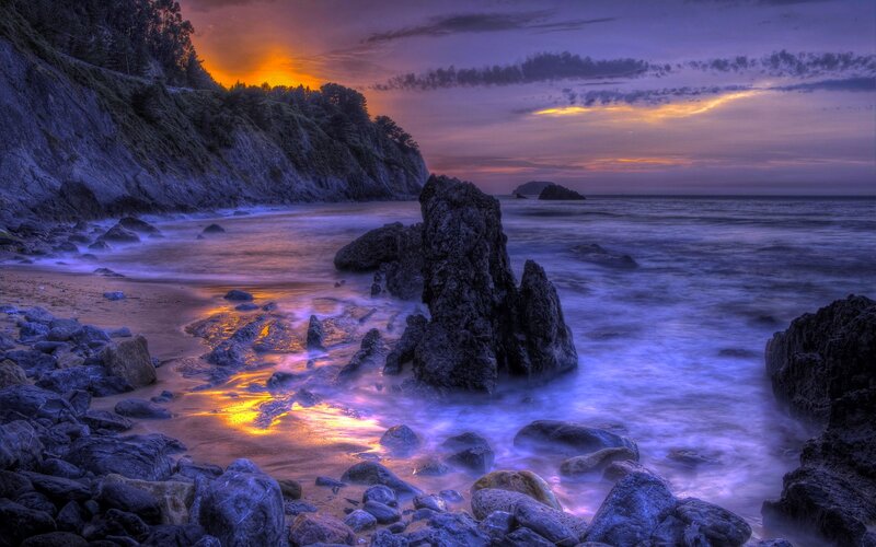 Rocky Beach at Sunset — Purple, Dramatic, Photograph, Ocean