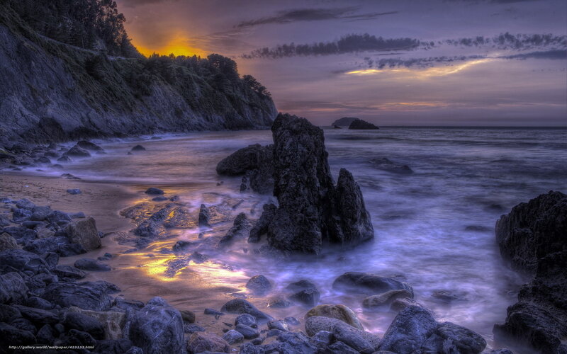 Rocky Beach at Sunset — Purple, Dramatic, Photograph, Rocks, Ocean, Cliff