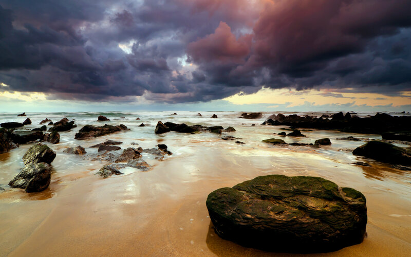 Rocky Beach at Sunset — Purple, Dramatic, Photograph, Rocks, Ocean, Clouds