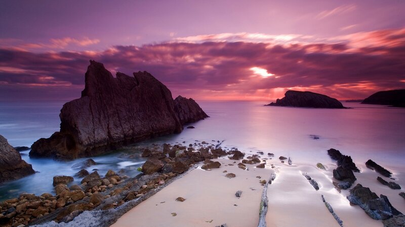 Rocky Beach at Sunset — Purple, Dramatic, Photograph, Rocks, Ocean, Sky