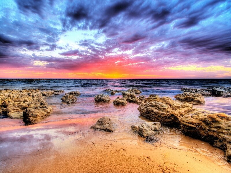 Rocky Beach at Sunset — Purple, Dramatic, Photograph, Rocks, Ocean