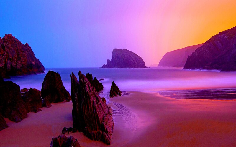 Rocky Beach at Sunset — Purple, Dramatic, Photograph, Rocks, Sand, Ocean