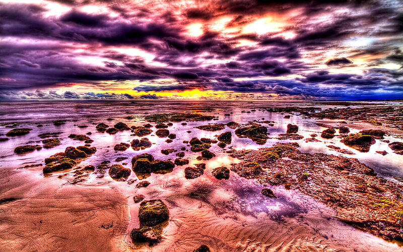 Rocky Beach at Sunset — Purple, Dramatic, Photograph, Rocks, Sand