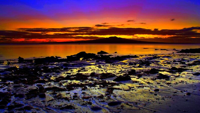 Rocky Beach at Sunset — Purple, Dramatic, Photograph, Sea
