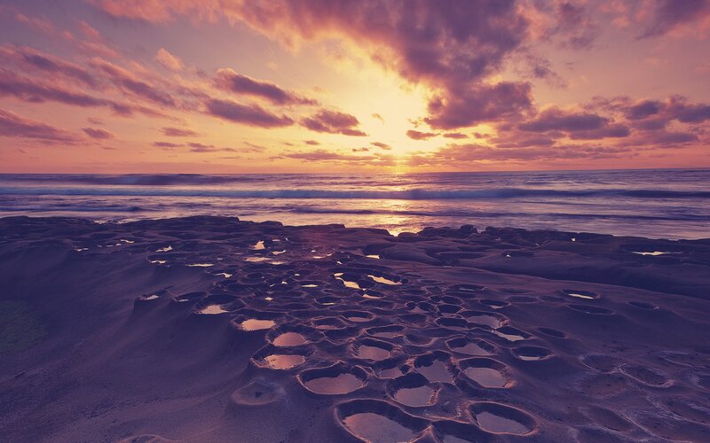 Rocky Beach at Sunset — Purple, Serene, Photograph, Ocean, Sky, Clouds, Orange