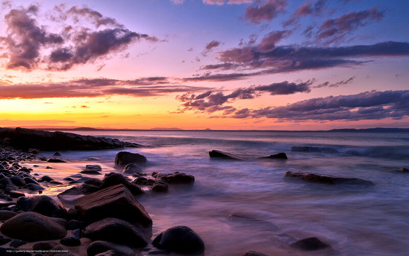 Rocky Beach at Sunset — Purple, Serene, Photograph, Rocks, Ocean, Sky, Clouds