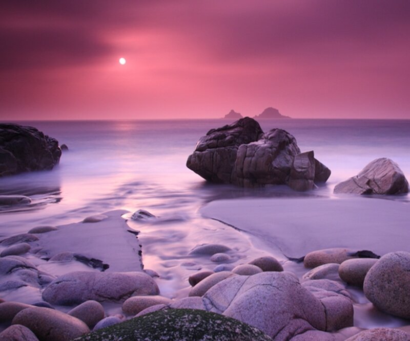 Rocky Beach at Sunset — Purple, Serene, Photograph, Rocks, Ocean, Sky, Sun