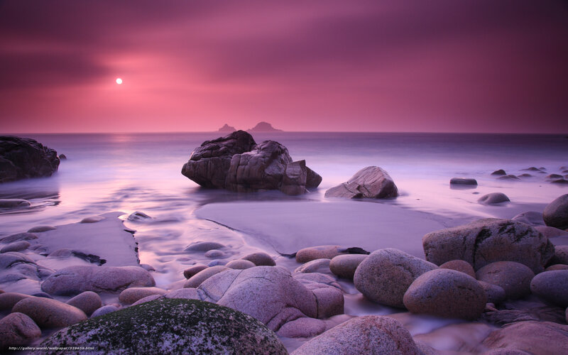 Rocky Beach at Sunset — Purple, Serene, Photograph, Rocks, Ocean, Sun