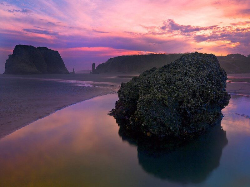 Rocky Beach at Sunset — Purple, Serene, Photograph, Rocks, Sand, Sky