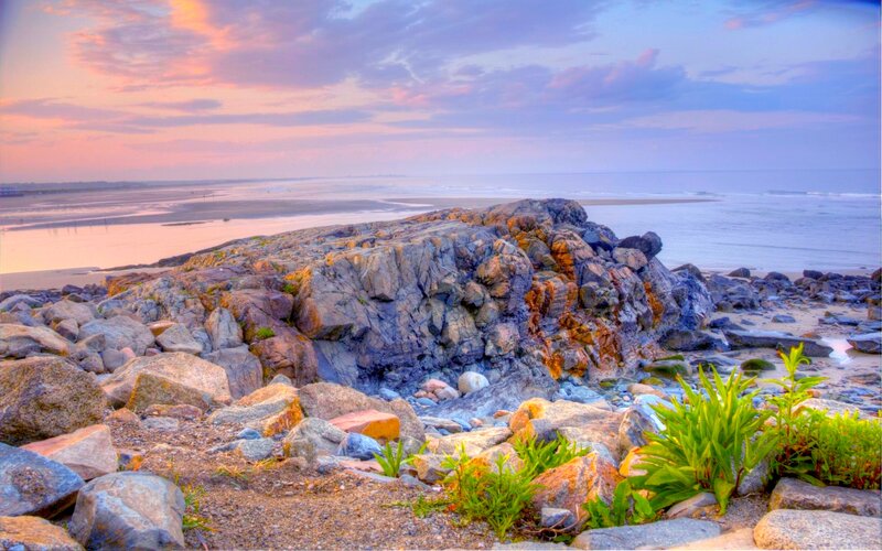 Rocky Beach at Sunset — Purple, Serene, Photograph, Rocks, Sand