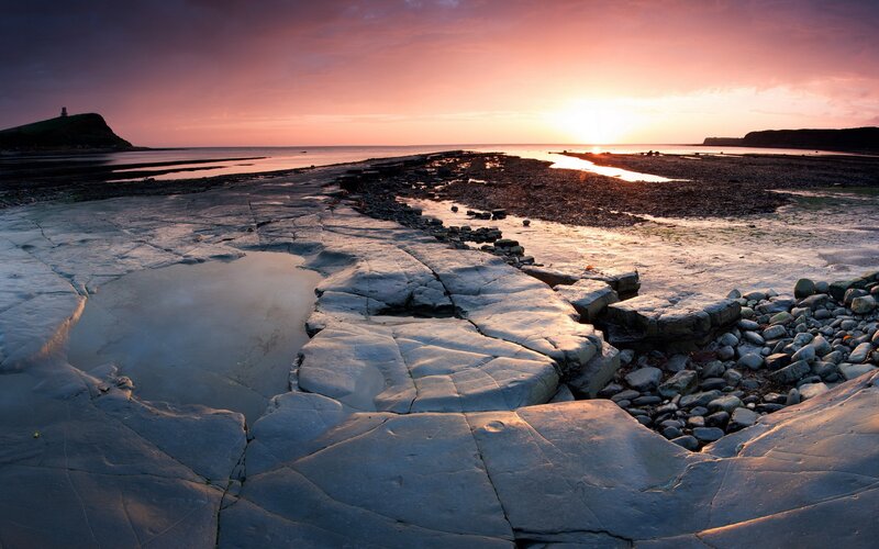 Rocky Beach at Sunset — Purple, Serene, Photograph, Sea
