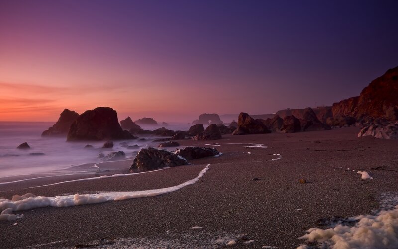 Rocky Beach at Sunset — Purple, Serene, Photograph