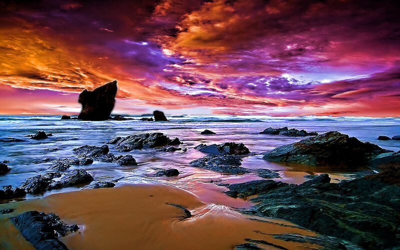 Rocky Beach at Sunset — Purple