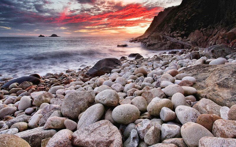 Rocky Beach at Sunset — Red, Dramatic, Photograph, Ocean, Sky, Cliff, Orange