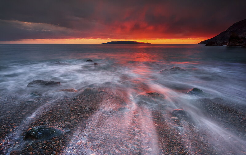 Rocky Beach at Sunset — Red, Dramatic, Photograph, Ocean, Sky