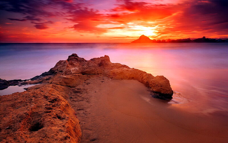 Rocky Beach at Sunset — Red, Dramatic, Photograph, Ocean