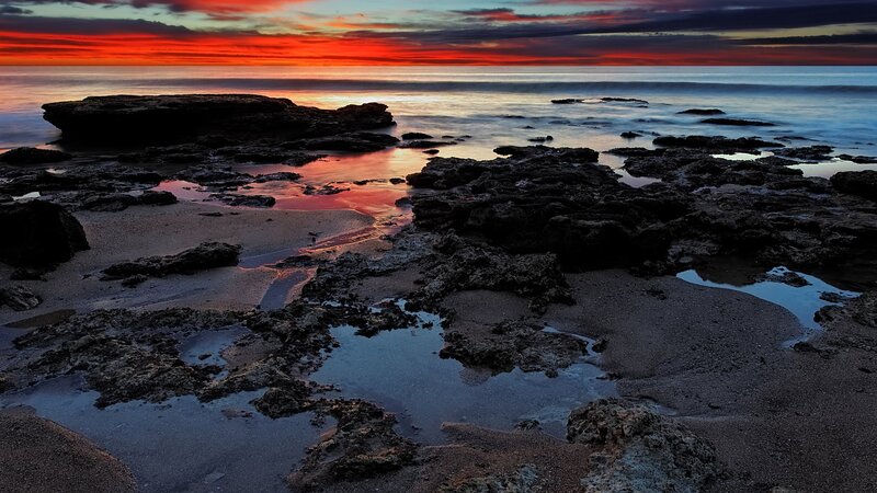 Rocky Beach at Sunset — Red, Dramatic, Photograph, Rocks, Ocean, Sky