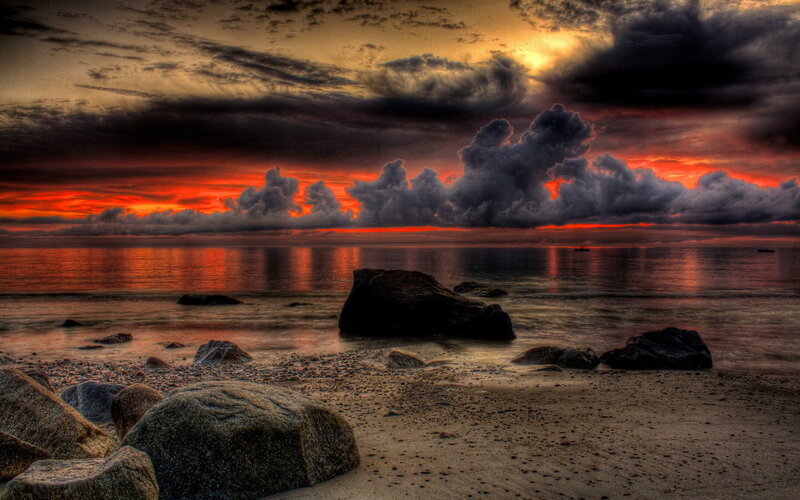 Rocky Beach at Sunset — Red, Dramatic, Photograph, Rocks, Sea, Clouds