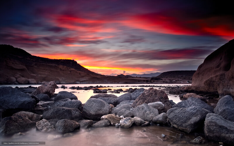 Rocky Beach at Sunset — Red, Dramatic, Photograph, Rocks, Sky
