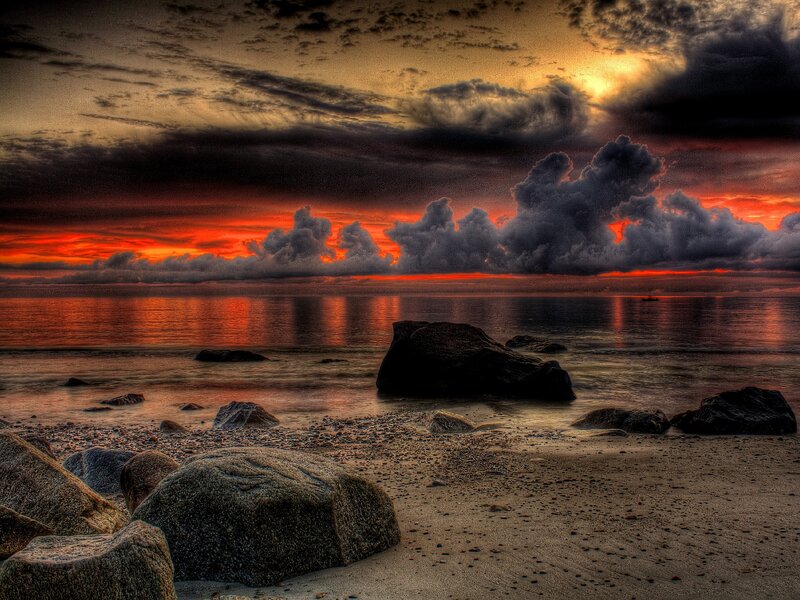 Rocky Beach at Sunset — Red, Dramatic, Photograph, Rocks