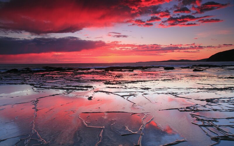 Rocky Beach at Sunset — Red, Dramatic, Photograph, Sky, Ocean, Rocks