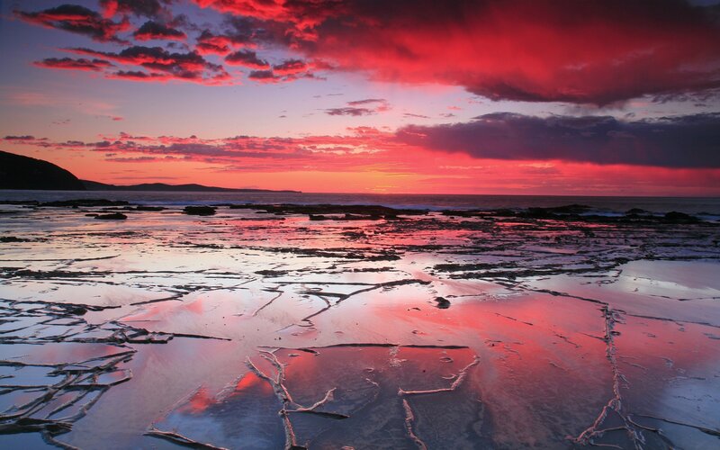 Rocky Beach at Sunset — Red, Dramatic, Photograph, Sky, Ocean