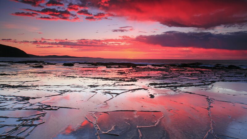 Rocky Beach at Sunset — Red, Dramatic, Photograph, Sky