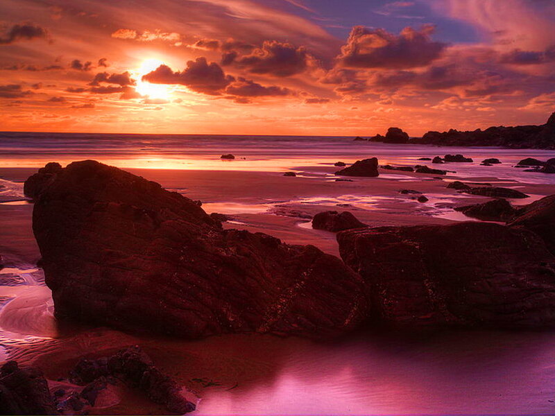Rocky Beach at Sunset — Red, Dramatic, Photograph